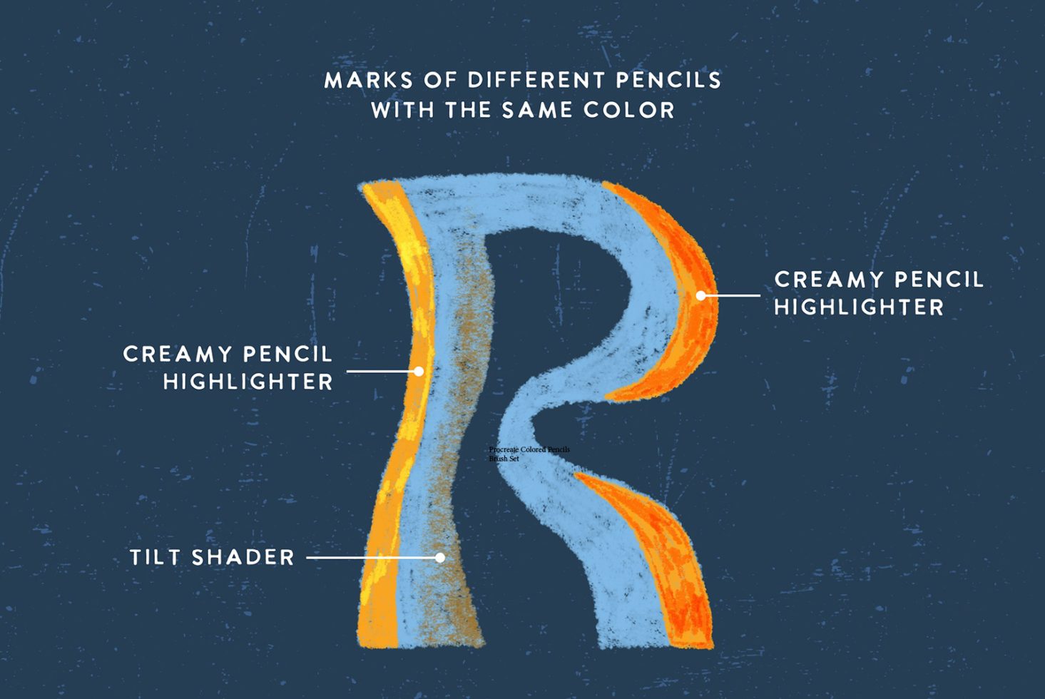 Illustration of pencil texture comparison in blue and orange, showcasing Procreate brush set for digital design and artwork.